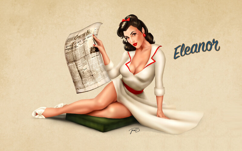 Pin-up woman reading newspaper