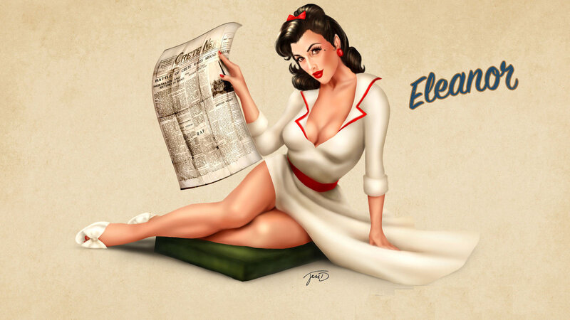 Pin-up woman reading newspaper