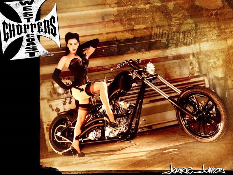 Pin-up woman with chopper motorcycle
