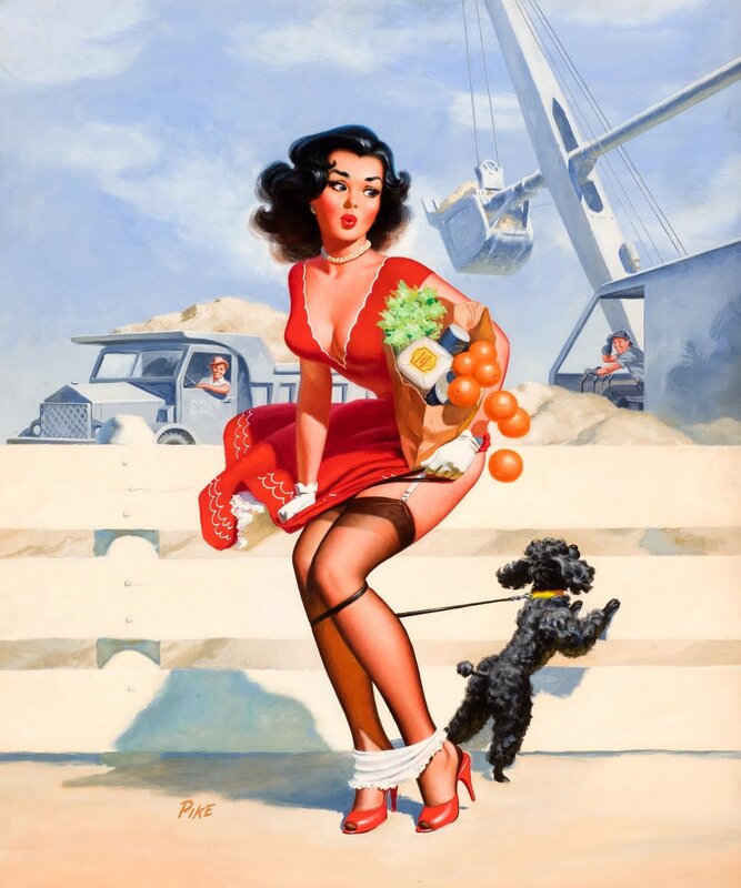 Pin-up woman with dog at construction site