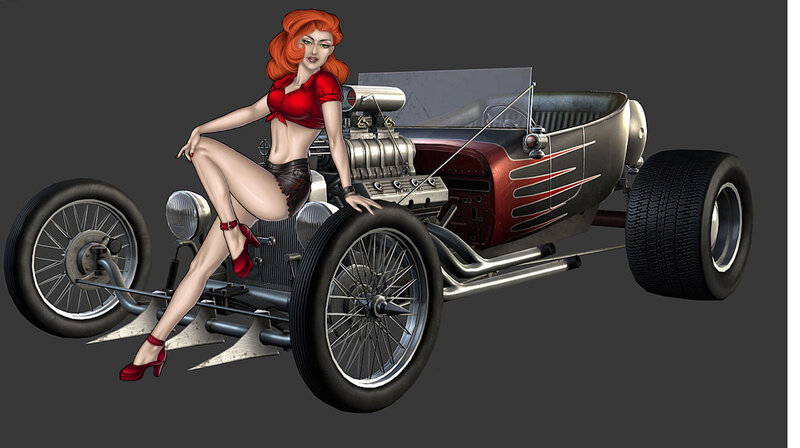 Pin-up Woman with Hot Rod — Red