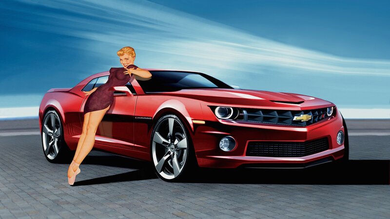 Pin-up woman with red car