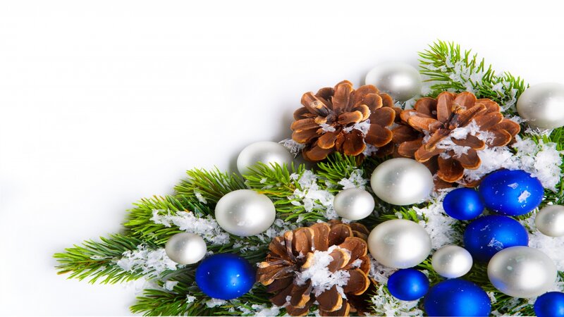 Pine Branches with Ornaments — Blue, Festive