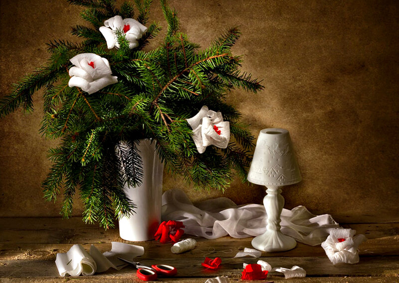 Pine Branches with Paper Flowers