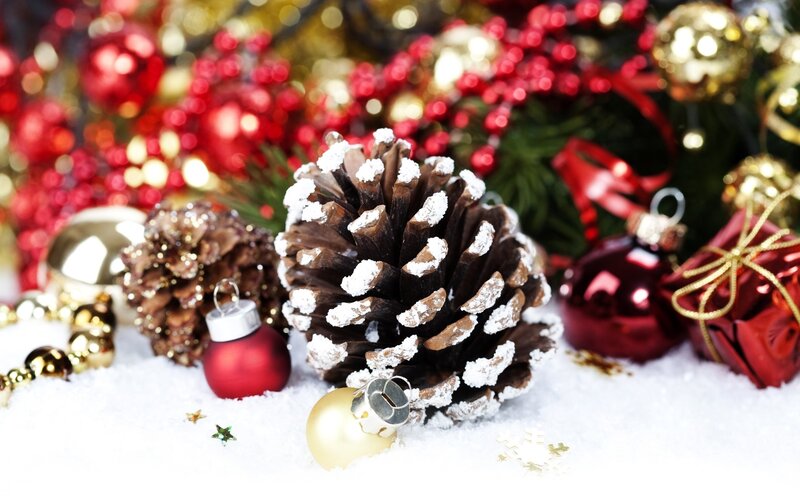 Pine Cones with Ornaments — Red, Festive