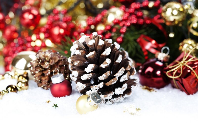 Pine Cones with Ornaments — Red, Festive, Winter