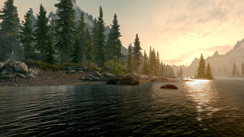 Pine Forest Lake — Green, Serene, Sunset, 3d Render