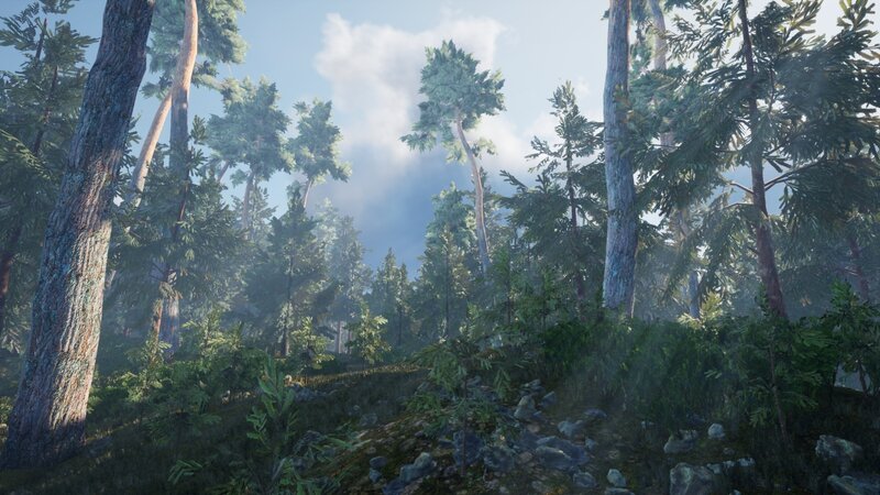 Pine Forest Landscape — Green, Serene, Morning, 3d Render
