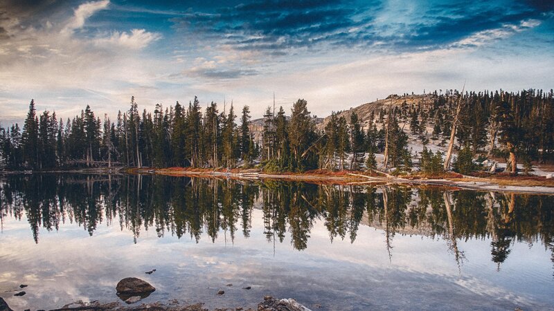 Pine Trees and Lake — Blue, Serene, Sunset, Photograph, Mountain