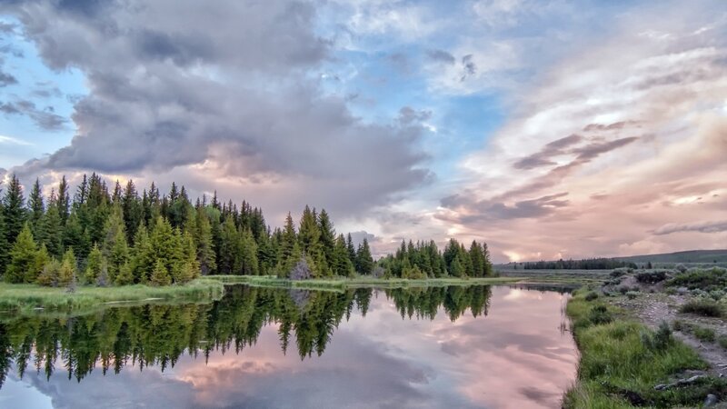 Pine Trees and Lake — Green, Serene, Sunset