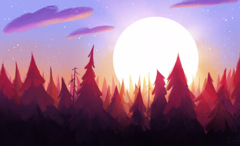 Pine Trees at Sunset — Purple, Serene