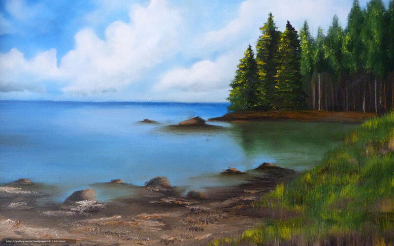 Pine Trees by Lake — Blue, Serene, Afternoon, Painting