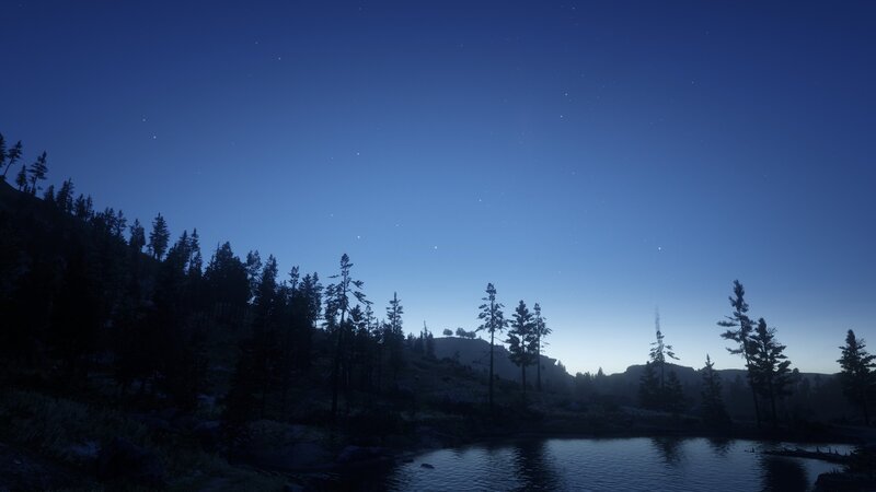 Pine Trees by Lake — Blue, Serene, Night, 3d Render, Forest