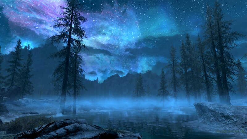 Pine Trees by Lake — Blue, Serene, Night, 3d Render