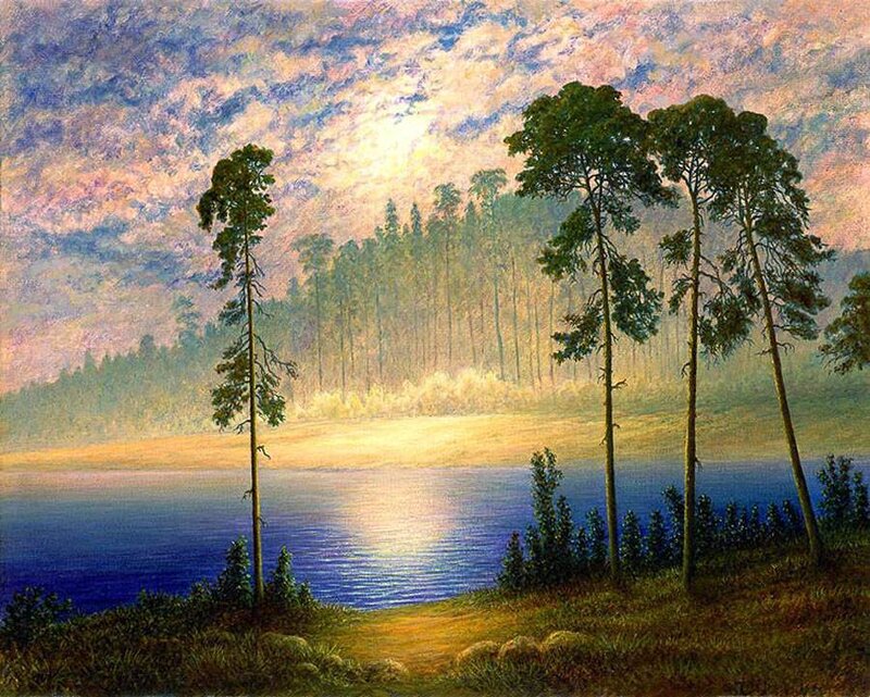 Pine Trees by Lake — Blue, Serene