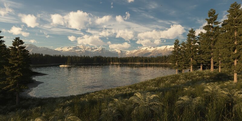Pine Trees by Lake — Green, Serene, Afternoon, 3d Render