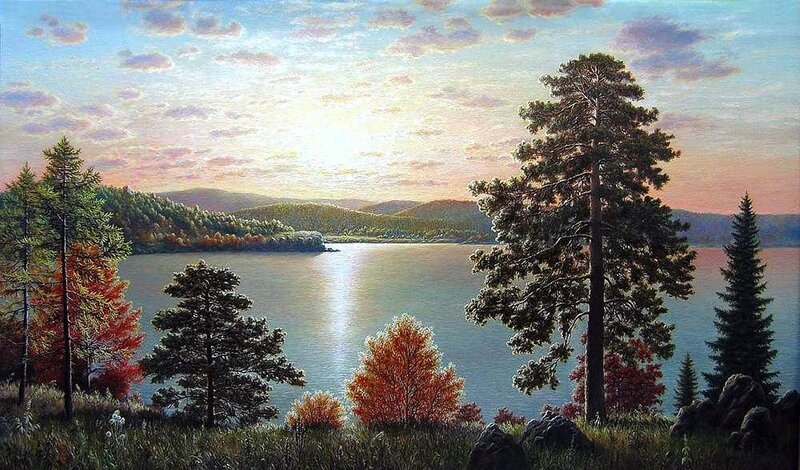 Pine Trees by Lake — Green, Serene, Sunset, Painting