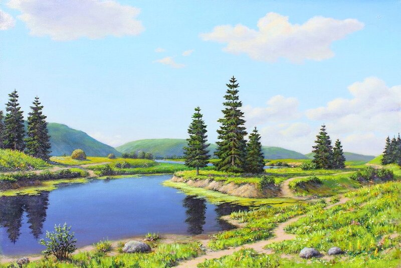 Pine Trees by Pond — Green