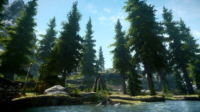 Pine Trees by River — Green, Serene
