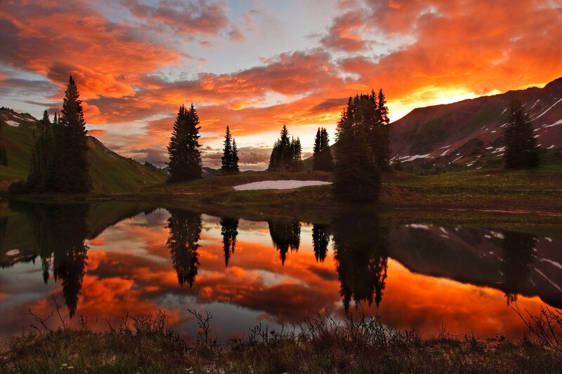 Pine Trees in Mountain Lake — Orange, Dramatic, Sunset
