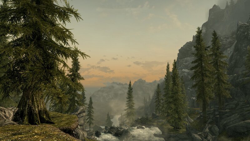 Pine Trees in Mountain Valley — Green, Serene, Sunset