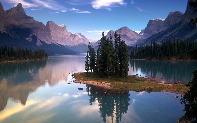 Pine Trees on Island — Blue, Serene, Afternoon, Photograph, Lake, Mountains