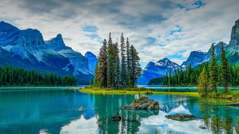 Pine Trees on Island — Blue, Serene, Afternoon, Photograph, Mountains, Lake