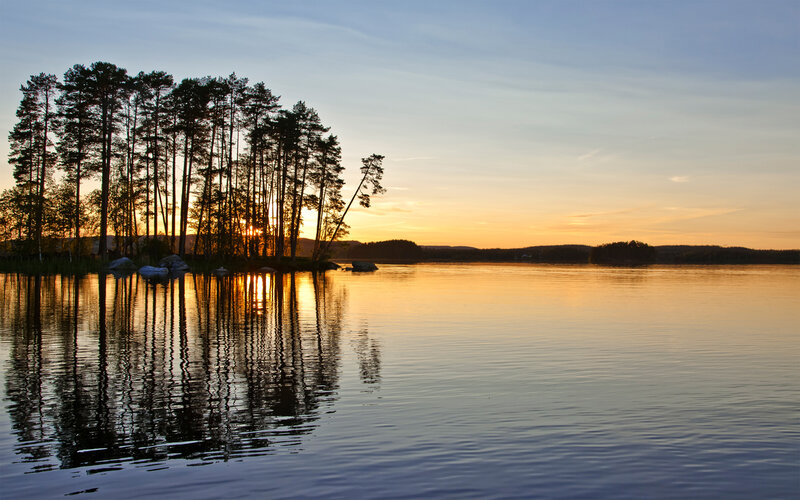 Pine Trees on Island — Blue, Serene, Sunset, Photograph, Lake, Reflection, Orange, Yellow