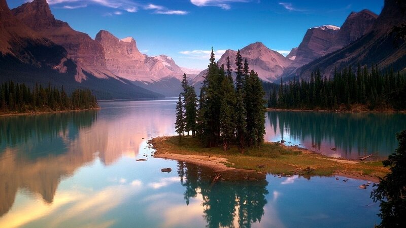 Pine Trees on Island — Blue, Serene, Sunset, Photograph, Mountains
