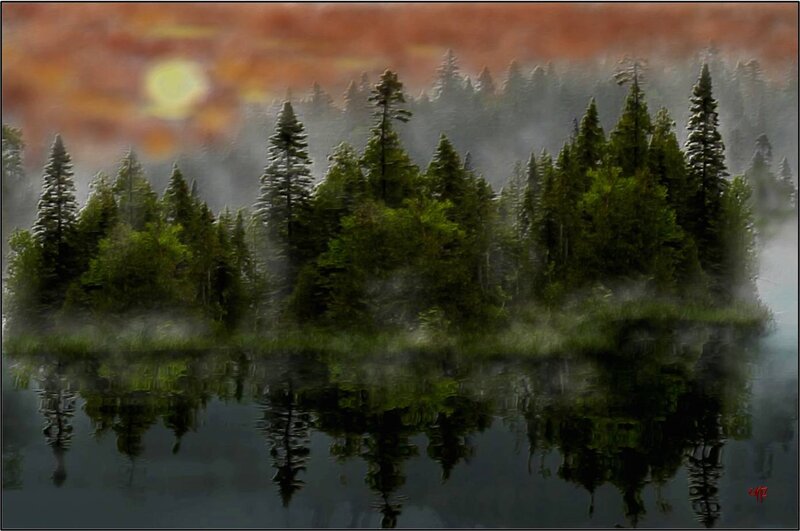 Pine Trees on Island — Green, Serene, Sunset