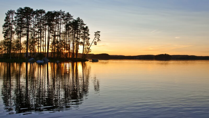 Pine Trees on Island — Orange, Serene, Sunset, Photograph, Lake, Reflection, Blue