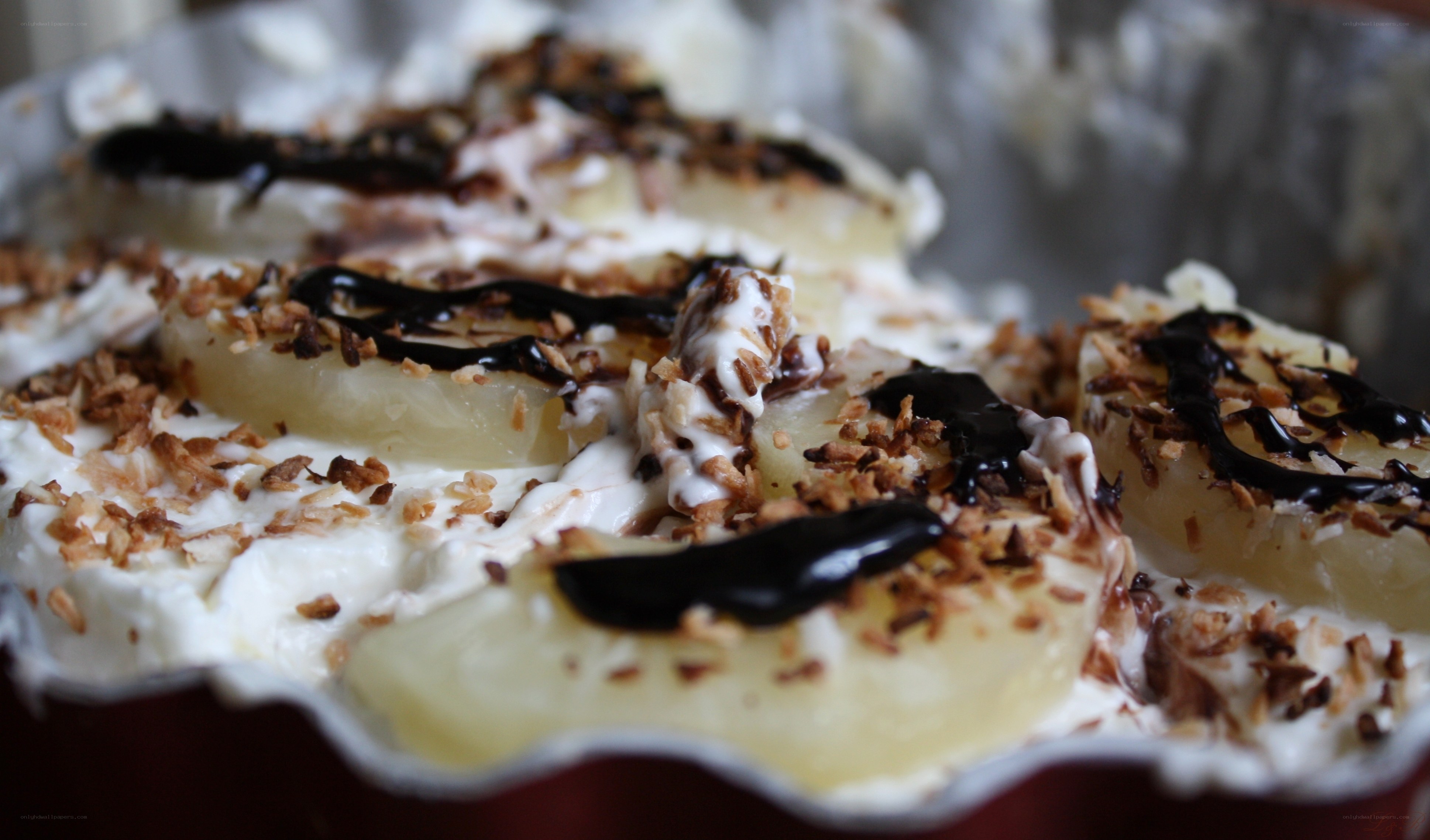 pineapple dessert with chocolate drizzle