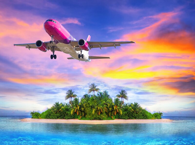 Pink Airplane over Island — Blue, Dramatic