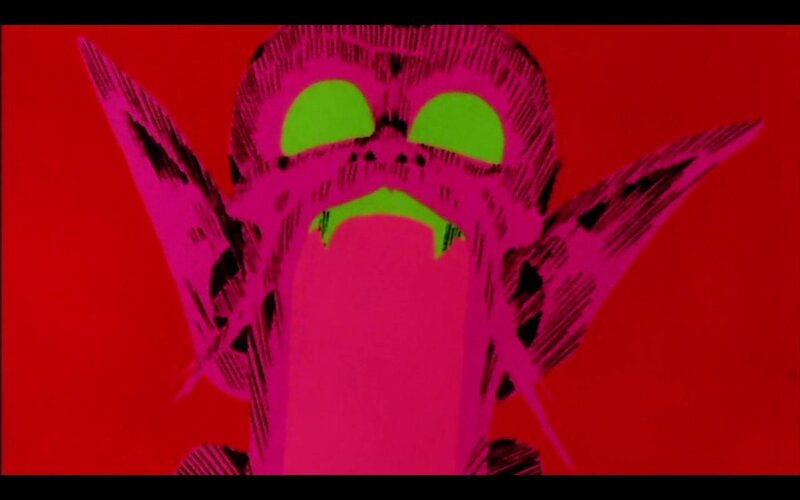 pink alien with green eyes