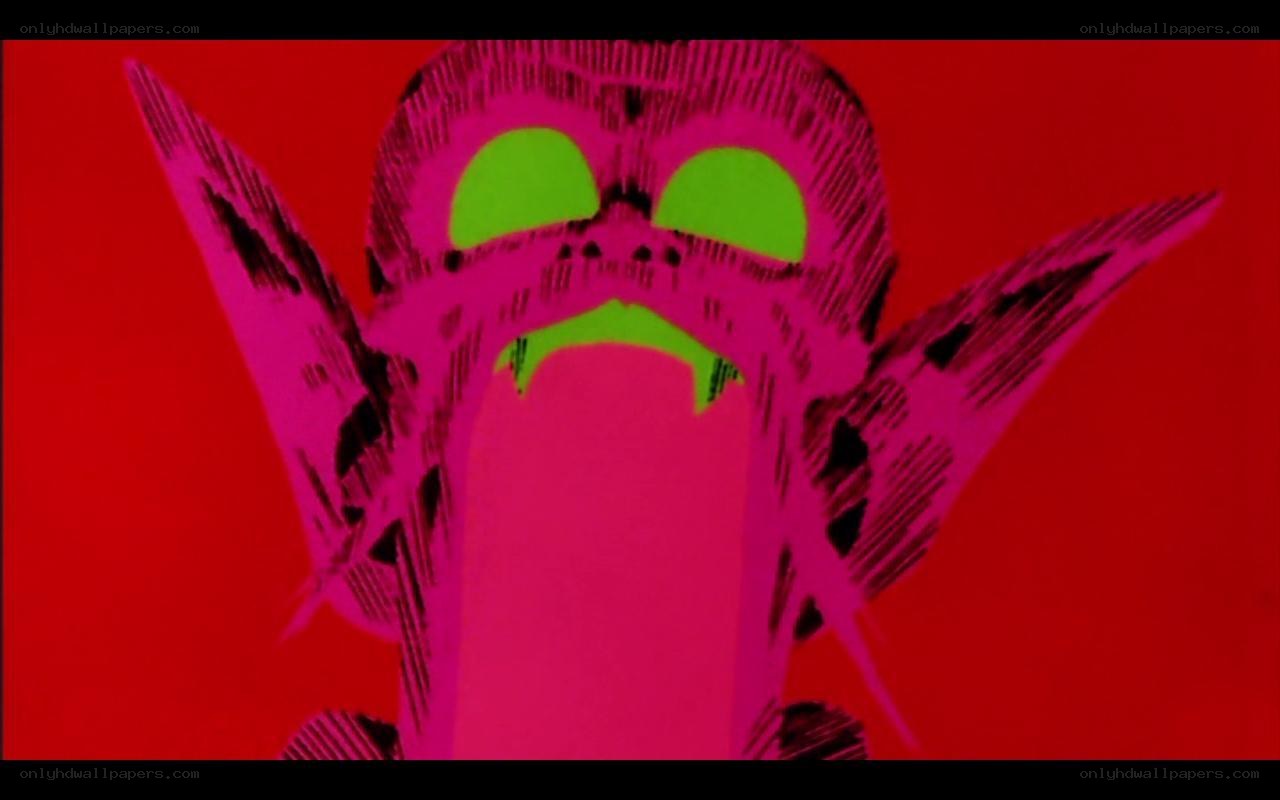 pink alien with green eyes