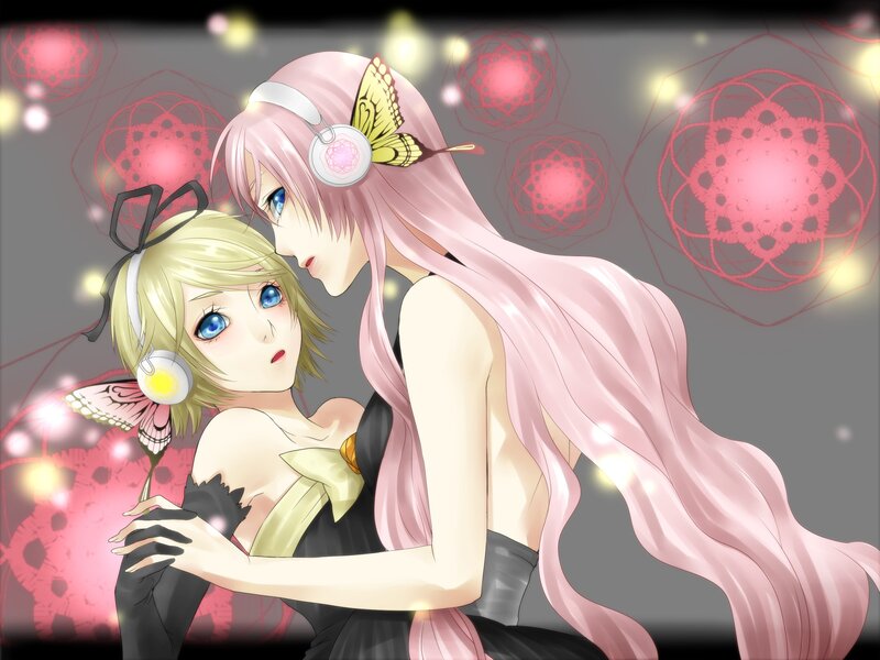 Pink and blonde anime girls hugging