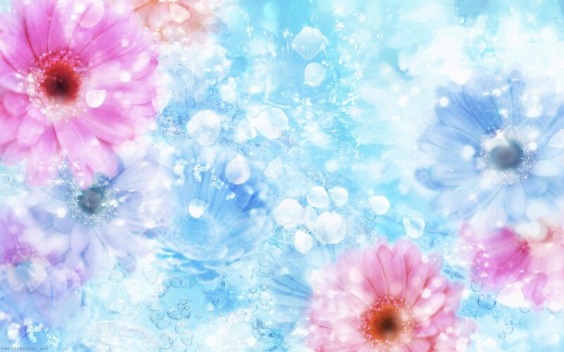 Pink and Blue Flowers — Dreamy, Digital Art, Bubbles, Sparkles