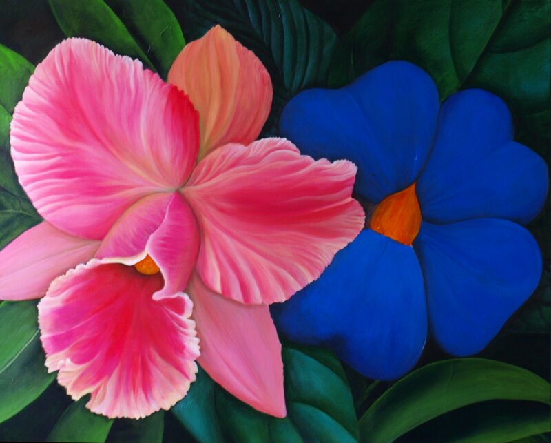 Pink and Blue Flowers — Vibrant, Painting
