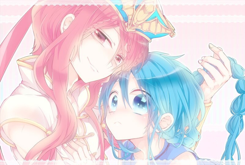 pink and blue haired anime couple