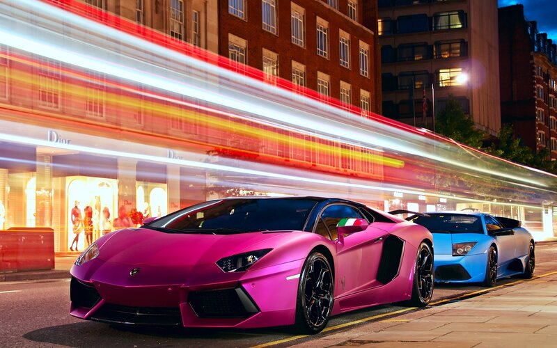 Pink and Blue Sports Cars — Dynamic, Night, Photograph
