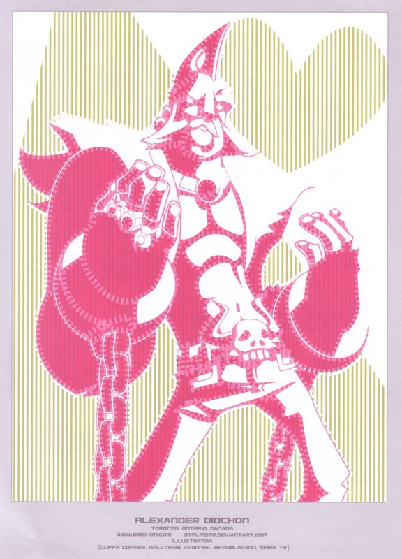 Pink and green character illustration