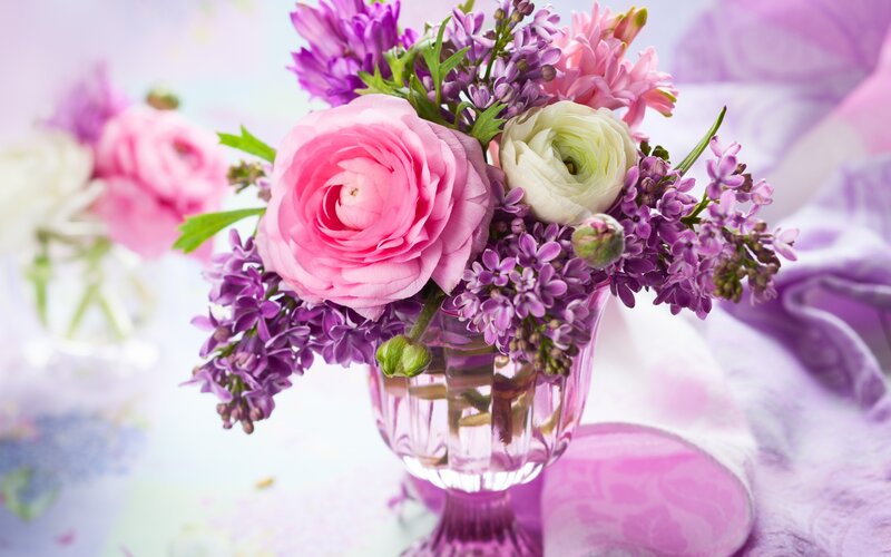 Pink and Purple Flowers — Serene, Spring, Photograph, Vase, Fabric
