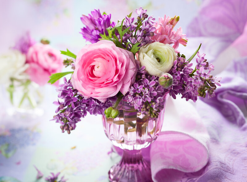 Pink and Purple Flowers — Serene, Spring, Photograph, Vase