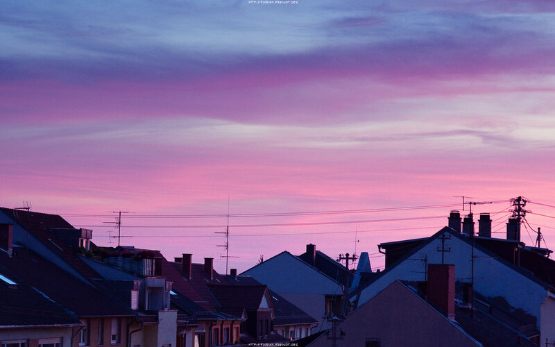 Pink and purple sunset over rooftops