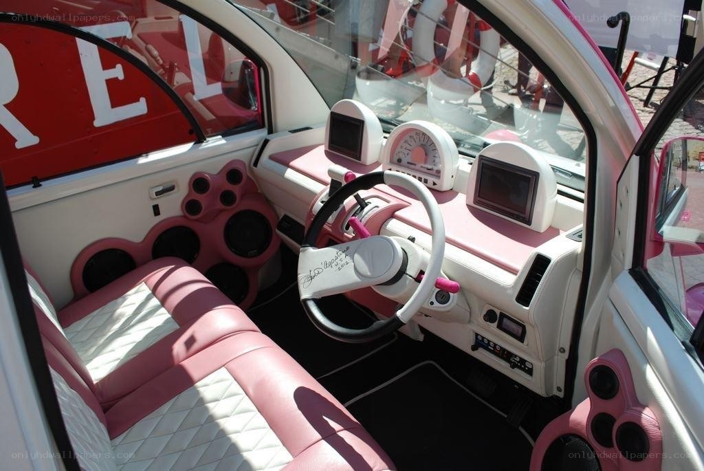 pink and white car interior