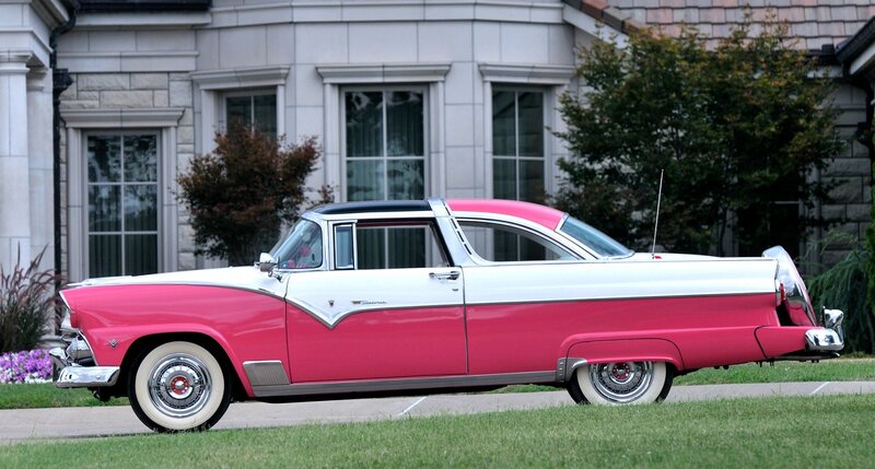 Pink and White Classic Car — Calm, Afternoon, Photograph, House