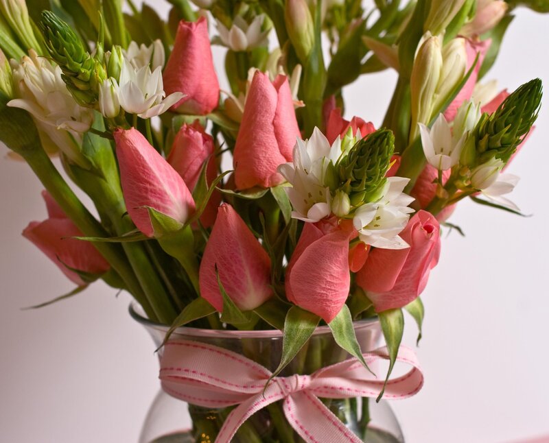Pink and White Flowers — Calm, Photograph, Vase, Ribbon