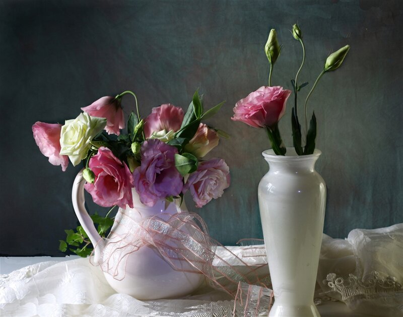 Pink and White Flowers — Serene, Photograph, Vases, Ribbons