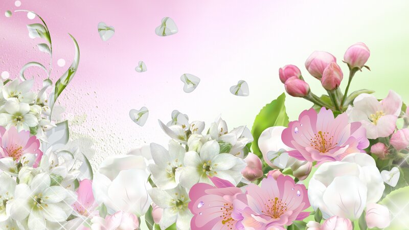 Pink and White Flowers — Serene, Spring, Digital Art, Heart-shaped Petals