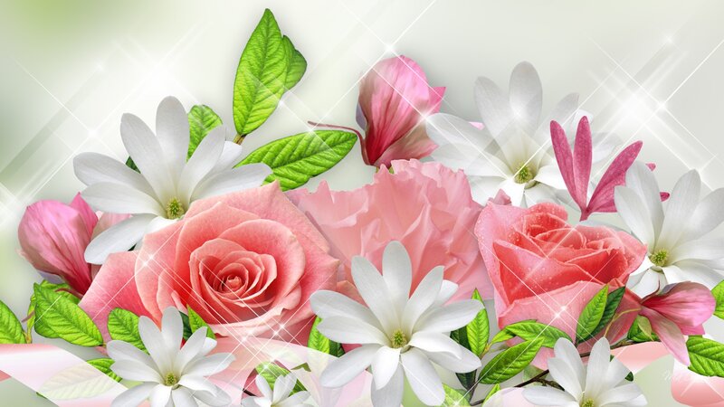 Pink and White Flowers — Serene, Spring, Digital Art, Roses